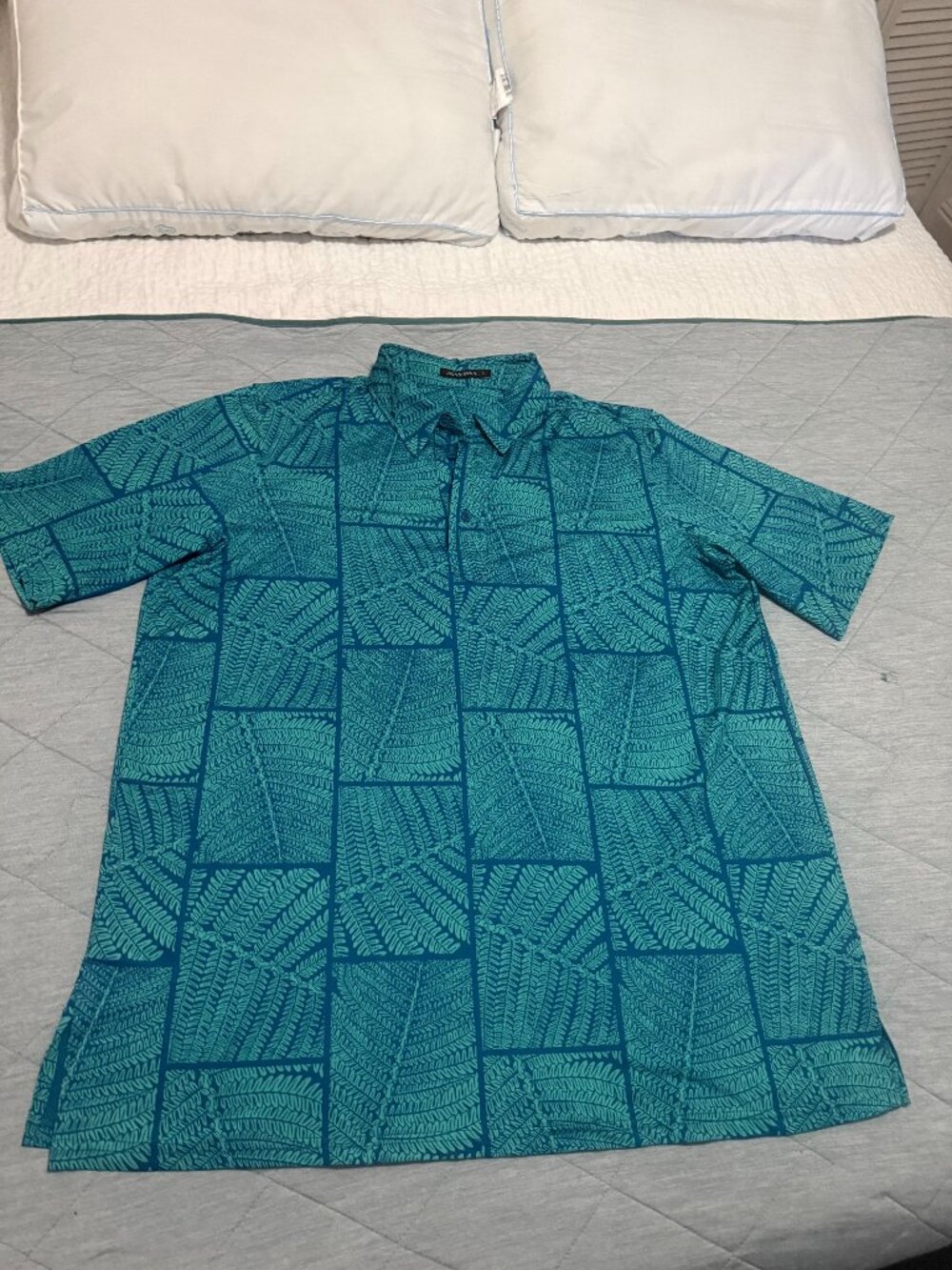 Mens Manaola Hawaiian Designer Aloha Polo Shirt Teal/Blue EUC L
